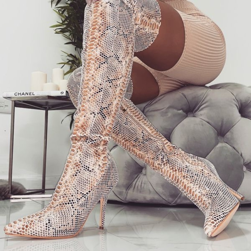 Simmi London Katia Beige Faux Python Thigh High Boots